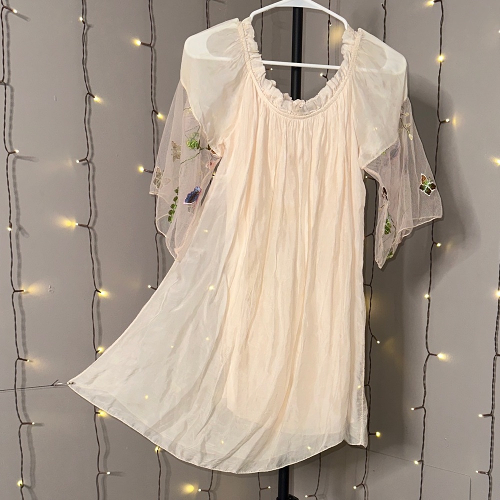Lola beautiful Cream Sheer Dress with Floral butterfly embroidered Sleeves